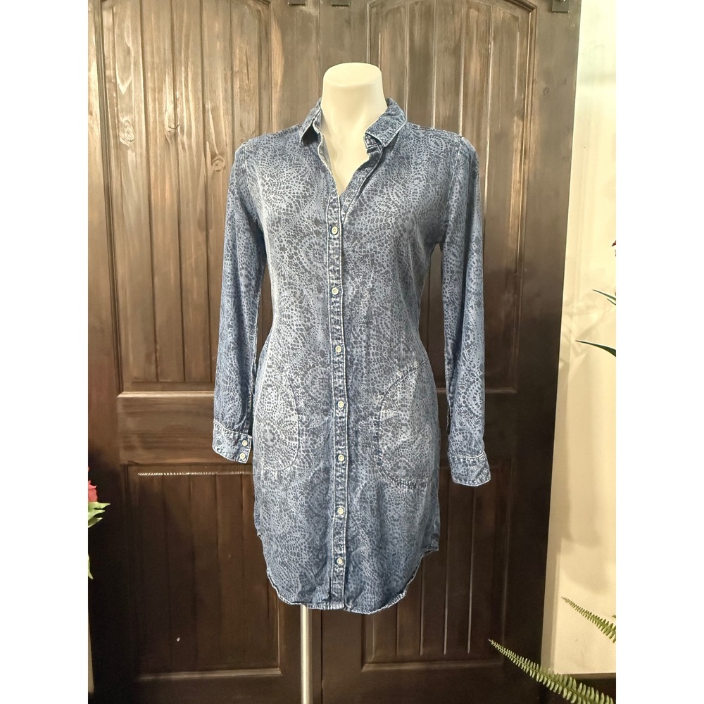 Cloth & Stone Anthropologie Blue Leopard Print Denim Shirt Dress XS Long Sleeve